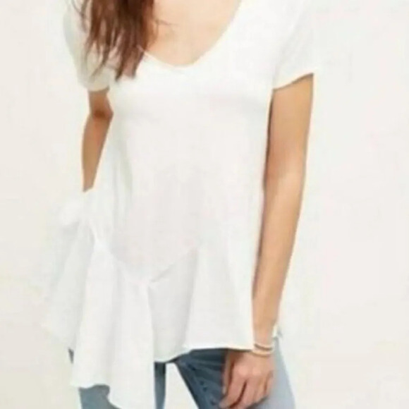 Anthropologie Eri + Ali White Flutter Asymmetrical Hem Short Sleeve Top S - Picture 1 of 5